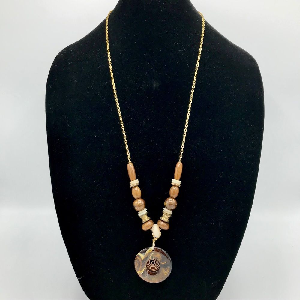 Long Necklace Gold Tone Brown Round Metal Swirl Pendant Beaded Bohemian - Picture 2 of 7